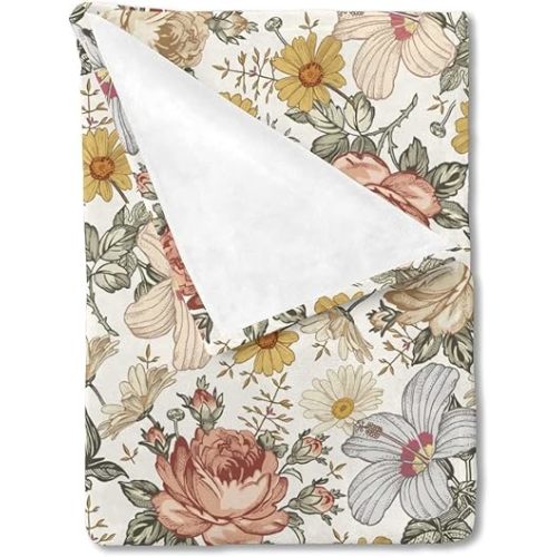 HawSkgFub Boho Retro Peony Floral Baby Blanket for Girls Gift, Beige Bohemia Daisy Flower Flannel Fleece Nursery Bed Blankets, Vintage Soft Lightweight Newborn Infant Kids Toddler Bedding 40 x 50