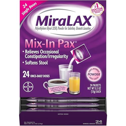 MiraLAX Gentle Constipation Relief Laxative Powder, Stool Softener with PEG 3350, No Harsh Side Effects, 1 Doctor & OBGYN Recommended, Single Dose Mix-in Pax, Travel Pack, 24 Dose