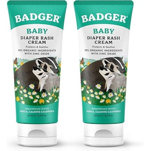 Badger Baby Diaper Rash Cream, Zinc Oxide Diaper Cream for Babies, Natural Skin Barrier Cream with Organic Sunflower Oil & Beeswax, 2.9 fl oz, 2-Pack