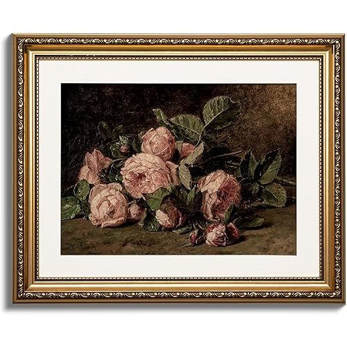 ARPEOTCY Vintage Gold Framed Wall Art, Retro Still life Pink Roses Canvas Prints Artwork with Antique Frame, Victorian Wall Paintings Decor for Living Room Gallery, 13x16 inch