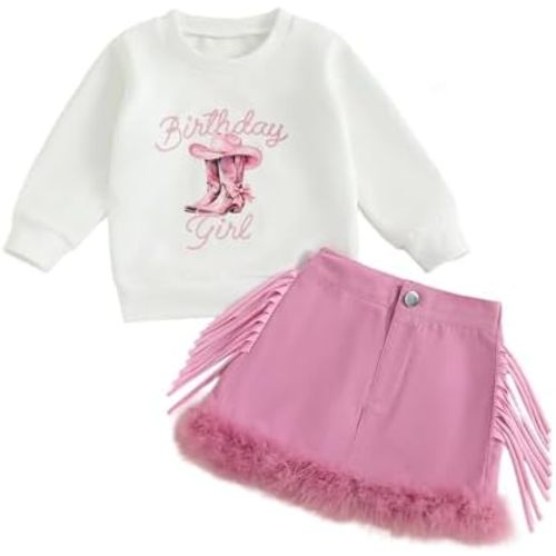 SAYOO Western Baby Girl Clothes Birthday Girl Letter Sweatshirt Tassel A Line Skirt with Fuzzy Feather Trim Cowgirl Outfit