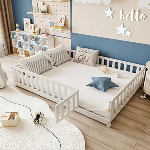 Full Size Montessori Floor Bed, Pine Wood Toddler Floor Bed Frame with Safety Fence & Convertible Door, Support Slats for Kids, Boys, Girls, White