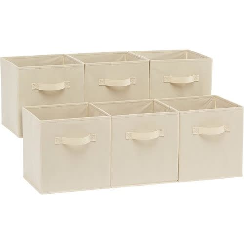 Amazon Basics Collapsible Fabric Storage Cubes Organizer with Handles, Sturdy, Beige, 10.5-x-10.5-x-11-inch, Pack of 6