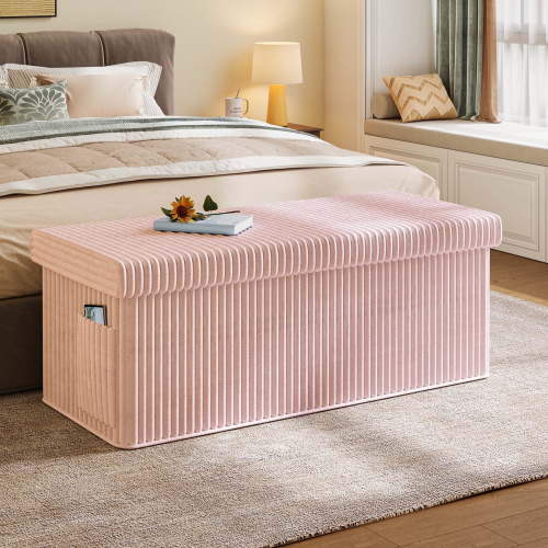 Pinmoco 43" Folding Storage Ottoman Bench with Side Pocket, Corduroy Storage Bench Entryway Bench for Bedroom, Living Room, Pink