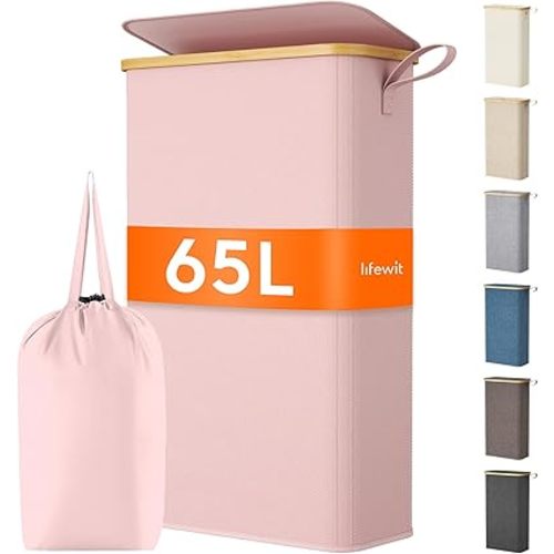 Lifewit 65L Slim Laundry Hamper with Lid, Narrow Laundry Basket with Removable Bag & Bamboo Handles, Fodable Thin Dirty Clothes Hamper for Laundry Collapsible Bin for Bathroom Bedroom Dorm, Pink
