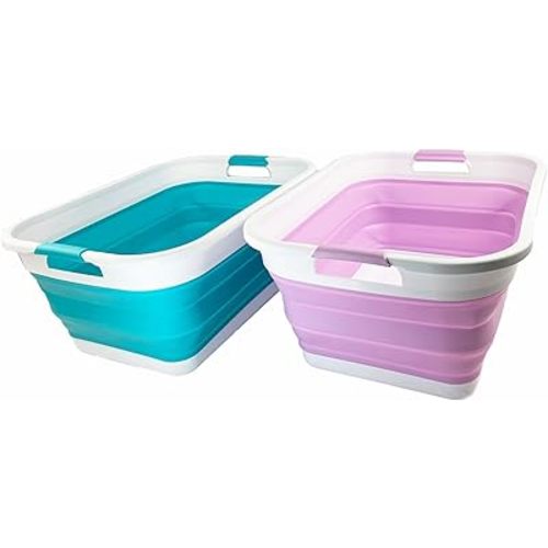 SAMMART 41L (10.8 gallon) Collapsible Plastic Laundry Basket - Foldable Pop Up Storage Container/Organizer - Portable Washing Tub - Space Saving (Rectangular, Ceramic Blue+Pale Purple (Set of 2))