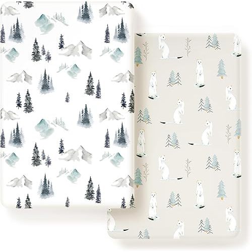 Stretch Ultra Soft Jersey Knit Fitted Pack and Play Sheets Set 2 Pack, Fit Portable/Mini Cribs Sheets, Playpen Mattress Pads Safe and Snug, Cute Stylish Playard Sheets Wild Forest Print for Baby