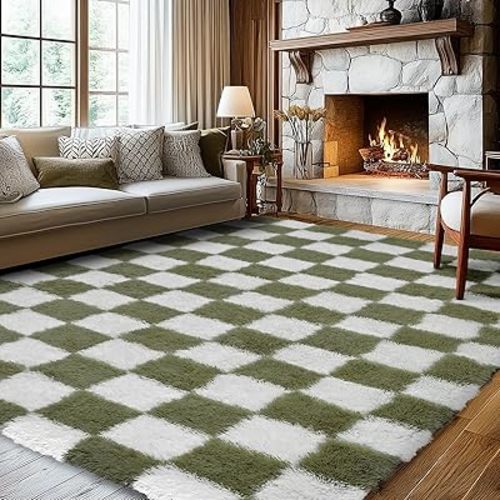Ecoshag Soft Rugs for Living Room, 6x9 Ft Green and White Checkered Fluffy Shaggy Rugs for Indoor Use, High Pile Ultra Fuzzy Rug for Bedroom Kids Nursery Rooms,Home Decor Aesthetic
