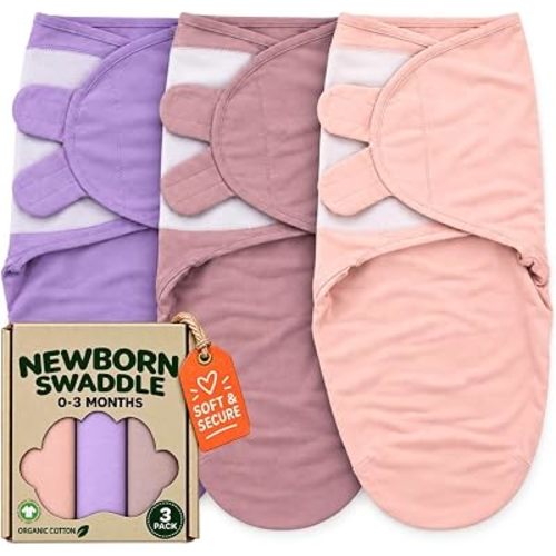 Newborn Swaddle Blanket 3-Pack, S/M 0-3 Months, GOTS Certified Organic Cotton, Adjustable Hook-and-Loop Wrap, Soft Breathable Sleep Sack, Reduces Startle Reflex for Boys & Girls