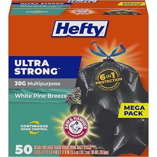 Hefty Ultra Strong 30 Gallon Trash Bags, Large Trash Bags 30 Gallon Size, Multipurpose, Break Resistant Drawstring Closure, Resists Leaks, Punctures, and Tears, Black, White Pine Breeze Scent, 50 Bags