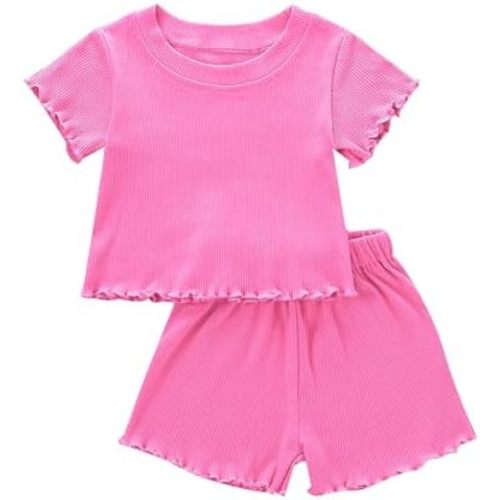 Toddler Baby Girl Summer Clothes Ribbed Knit Cotton Cute Summer Outfits Short Sleeves 2 Pieces Shorts Set 12M - 5T