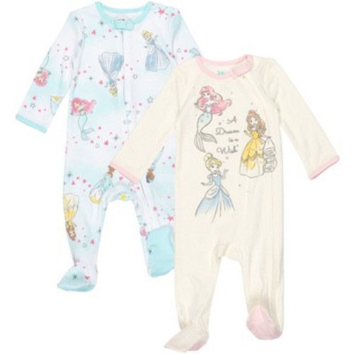Disney Princess Belle Cinderella Ariel Infant Baby Girls 2 Pack Zip Up Snap Sleep N' Play Coveralls Blue/White 12 Months