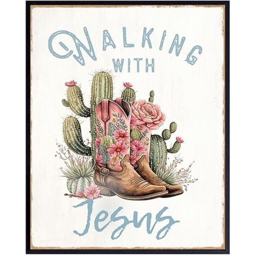 Cowgirl Christian Wall Decor for Women - Country Western Wall Decor - Jesus Wall Art - Bible Verses Wall Decor - Rustic Farmhouse Kitchen, Family room, Living room - Inspirational Christian Gifts