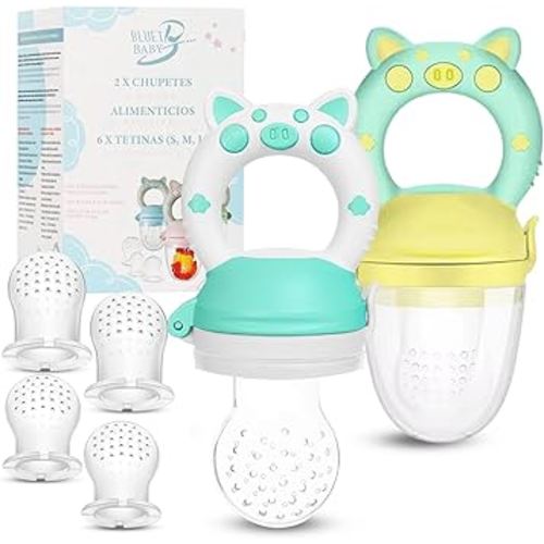 Bluet B- Baby Fruit Feeder Pacifier - BPA-Free Silicone Baby Food Feeder for Self-Feeding - Teething Relief - 4+ Months, 6 Silicone Nipples - 2 Pack Fresh Fruit Pacifier Frozen Teether (Green)