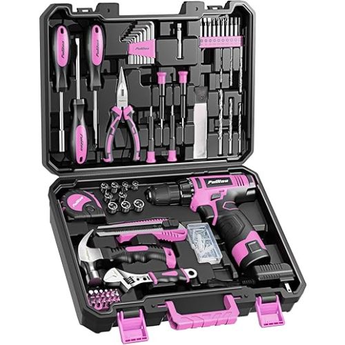 PULITUO Drill Set, 149-Piece Home Tool Set with 12V Pink Cordless Drill, Tool Box, Hand Tool Kits for Women & Men and DIY Enthusiasts, for Home Improvement