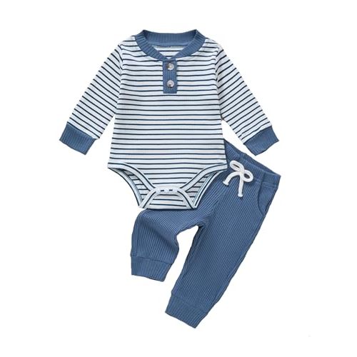 QUEKRE Baby Boy Clothes Ribbed Knitted Long Sleeve Romper Solid Pants Fall Winter Outfit Set