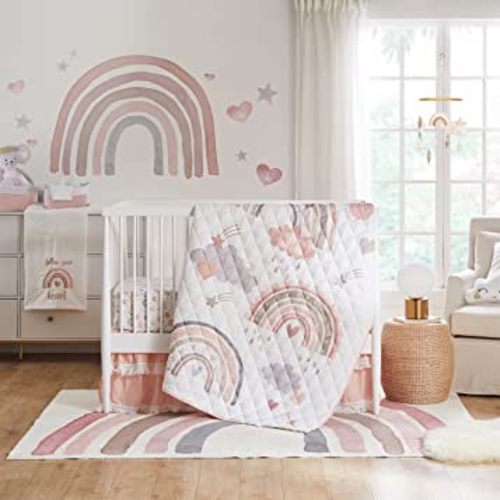 Levtex Baby - Over The Rainbow 4-Piece Baby Bed Set - Pink, Grey, Taupe, Tan and Coral - Includes Reversible Quilt, Rainbow Fitted Sheet, Pink Fitted Sheet, Wall Bed Skirt