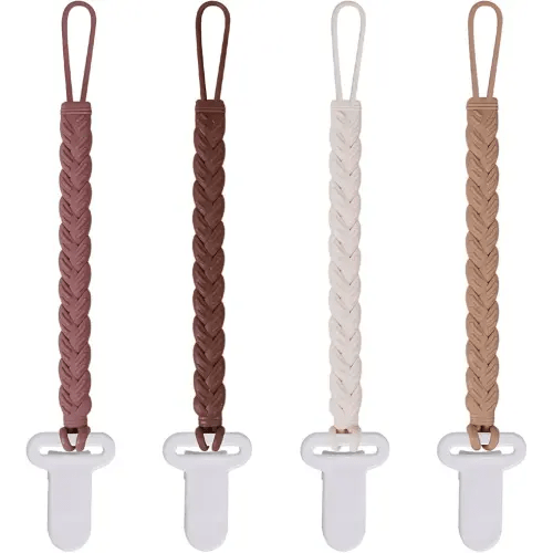 Silicone Teething Pacifier Clip Holder,Pack of 4 Flexible Paci Leash,Binky Clips for 0-6,6-12 Months Baby Boys and Girls,Newborn Essential,Woven Shape (Brown)