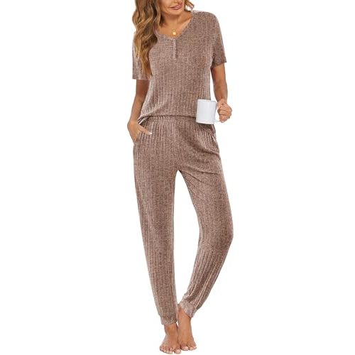 Ekouaer Pajamas for Women Set 2 Piece Rib Knit Lounge Set Joggers Loungewear Short Sleeve Pjs with Pockets