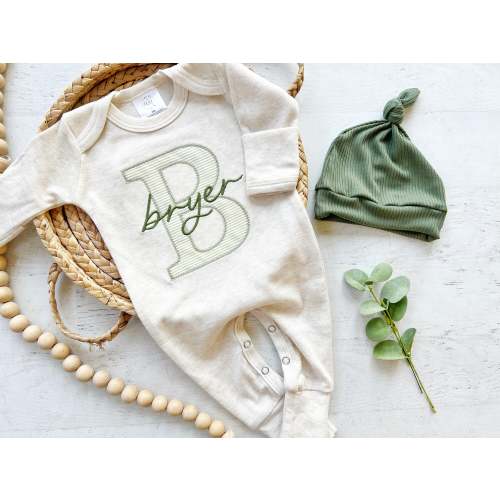 Personalized Baby Boy Outfit | Oatmeal Romper Light Green Stripe Big L – Wonderfully Made