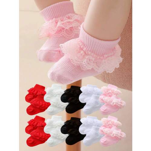 5/10/1 Pair Of Baby Socks. 0-3Y Girls' Short Socks With Lace Ruffle. Comfortable Princess Socks For Newborns. Lace Socks. Soft And Comfortable. Available In Pink, Black, Red, Beige, And White. Suitable For Wearing In Spring, Summer, Autumn, And Winter | S
