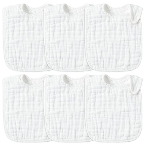 Zainpe 6Pcs Snap Muslin Cotton Baby Bibs White Adjustable Drool Bib with 6 Absorbent Soft Layers, Machine Washable Unisex Burp Cloths for 3 to 36 Months Boys Girls Infant Newborn Toddler