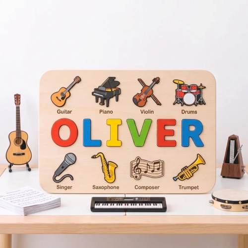 Personalized Music Instrument Toy, Custom Wooden Name Puzzle for Toddler, First Birthday Gift for Boy Girl, Montessori Nursery Decor