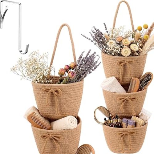 3-tier Hanging Basket Wall Mounted Coquette Bow Cotton Rope Hanging Storage Basket for Wall for Decoration Organization Storage for Nursery Towels Toys Cosmetics Khaki