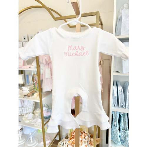 White Ruffle Booty Romper - Bubbly Font Name – Little Stitches & Co.