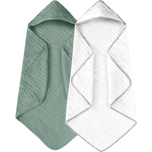 Yoofoss Hooded Baby Towels for Newborn 2 Pack 100% Muslin Organic Cotton Baby Bath Towel with Hood for Babies, Infant, Toddler and Kids, 32x32Inch, Soft and Absorbent Newborn Essential, White&Green