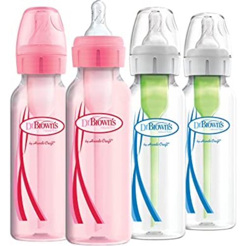 Dr. Brown’s Natural Flow® Anti-Colic Options+™ Narrow Baby Bottles, 8 oz/250ml, with Level 1 Slow Flow Nipple, 4 Pack, Pink/Clear