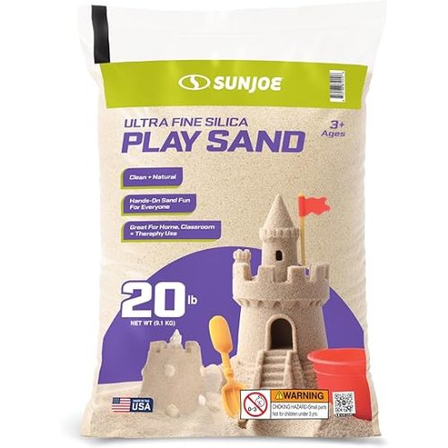 Sun Joe Silica Play Sand for Sandbox, Sensory Table & Garden Spaces, Ultra Fine, 20 Lb Bag - Indoor and Outdoor Natural Craft Accessory for Molding, Digging, Sculpting and Gardening, PLYSAND20