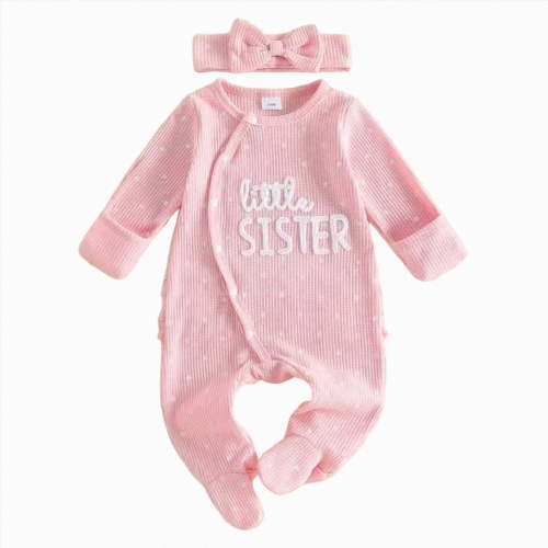 CAICJ98 Little Sister Newborn Baby Girl Fall Clothes Long Sleeve Romper Jumpsuit with Mitten Cuffs Headband Newborn Coming Home Outfit,Size 1-3 Months