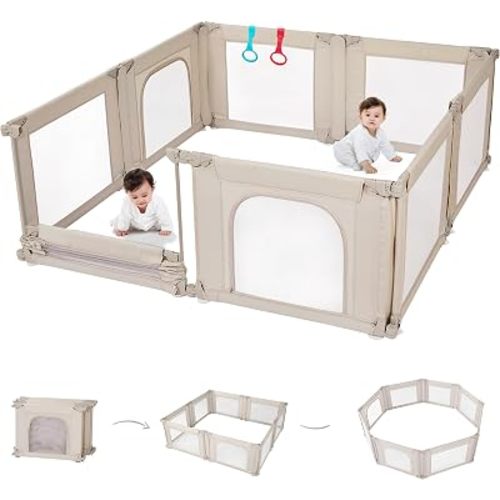 Doradotey Adjustable Baby Playpen with Adult Door, Foldable Large Playpen for Babies and Toddlers, Breathable Mesh Indoor Baby Playard, Safe Fence, 79 x 71 Inch, Cream