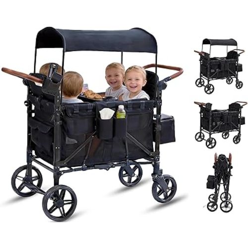 Stroller Wagon for 4 Kids, 4 Seater Wagon Stroller with Snack Tray, Large Storage Bag, Phone Cup Holder, Removable Canopy, Foldable Wagon Stroller 4 Seater with Adjustable Push Handles (Deep Black)