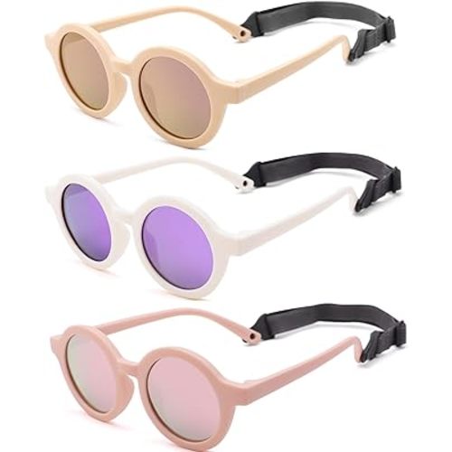 COASION Baby Polarized Round Sunglasses Flexible Rubber Shades with Strap for Toddler Newborn Infant Ages 0-24 Months