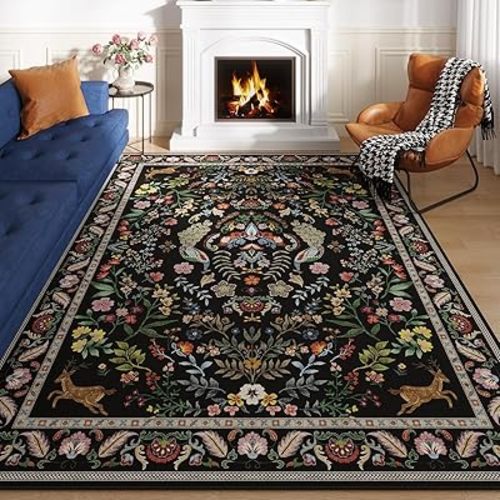 Living Room Rug 5x7 Rug Machine Washable Area Rug Floral Non-Slip Low Pile Large Rugs for Living Room, Bedroom, Farmhouse, Dining Room, Kids Playroom (Vibrant Black)