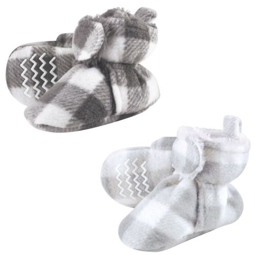 Hudson Baby Cozy Fleece Booties, Charcoal Gray White Plaid, 0-6 Months