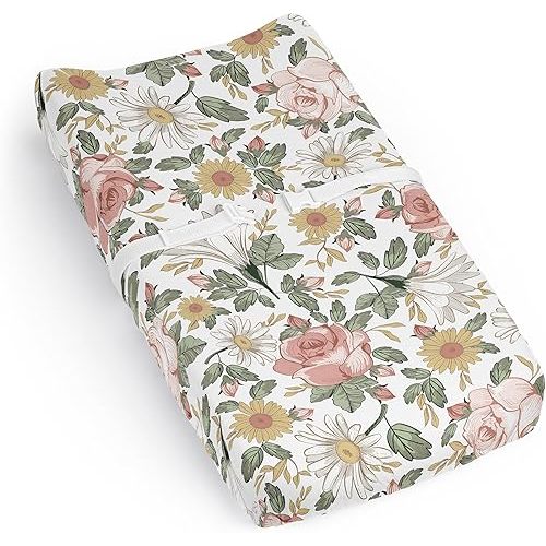 Sweet Jojo Designs Blush Pink Yellow Vintage Floral Boho Girl Baby Changing Pad Cover Sheet Infant Newborn Diaper Change Mat Cover Green White Bohemian Shabby Chic Farmhouse Leaf Rose Leaves Flower