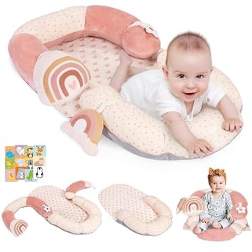 4 in 1 Tummy Time Mat with Educational Cards, Play Mat & Sitting Support for Newborn 0-12 Months, Infant Baby Sit Me Up Floor Seat, Sensory Skills Gifts, Rainbow