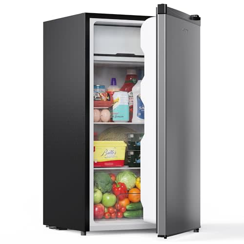Upstreman 3.2 Cu.Ft Mini Fridge with Freezer, Single Door Compact Refrigerator, Adjustable Thermostat, Small Refrigerator for Dorm, Bedroom, Office, Stainless Steel-SR321