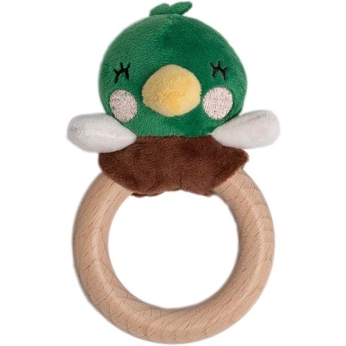 Pearhead Mallard Duck Wooden Teething Ring, Soft Plush Lovey Baby Teether, Natural Wood Infant Rattle Toy for Teething Relief, BPA-Free Newborn Teether Ages 0m+