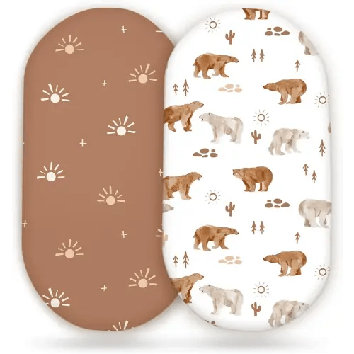 GRSSDER Stretchy Ultra Soft Bassinet Sheet 2 Pack, Universal Fit for Bassinets Baby Cradle Moses Basket Oval Rectangle Mattress or Changing Table Pad Safe and Snug, Stylish Print of Sunny Bear