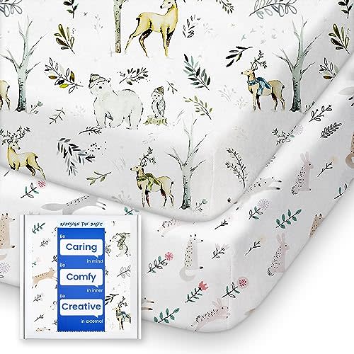 TotBasic Ultra Soft Pack N Play Sheets - Fitted, Premium Jersey Knit, Stretchy Neutral, Woodland Mini Crib Sheets for Graco Pack and Play, 2 Pack (Deer&Rabbit)