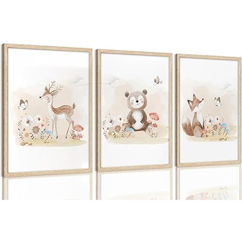 LHHJDIO 3 Piece Cute Animal Wall Art Nursery Prints OAK Wood Framed Canvas Art Deer Fox Bear Pictures Forest Paintings Woodland Wall Decor Artwork For Children Kids Boys Room