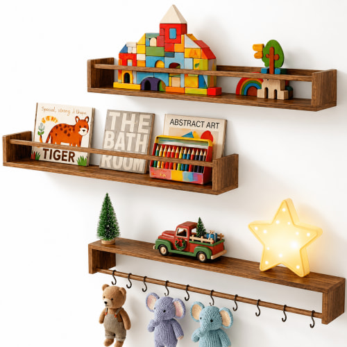 MEHOOM Book Shelves, 23.6 Inch Floating Bookshelves for Wall Set of 3, Rustic Farmhouse Decor, Solid Wood Wall Mounted Shelves for Books, Toys and Decor Storage