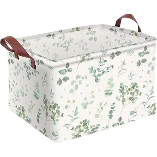 Sage Green Storage Basket Waterproof Canvas Toy Storage Bin Home Decor Collapsible Outdoor Basket with Leather Handles Sage Green Blanket Baskets For Closets,Bedrooms,Gifts Baskets