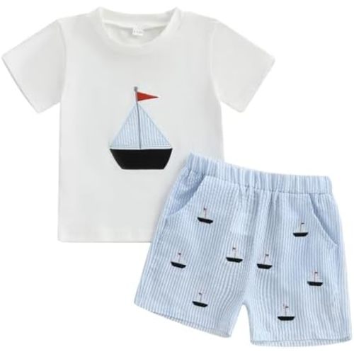 Gueuusu Toddler Baby Boy Summer Outfit Sailboat Embroidery Short Sleeve T Shirt Striped Shorts Set Infant Beach Clothes