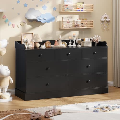 Vabches Kids Dresser Cabinet with 7 Drawers and Large Table Top, Multi-Functional Chest of Drawers, Baby Dresser, Kids Bedroom Furniture, Nightstand for Childs Room, Black