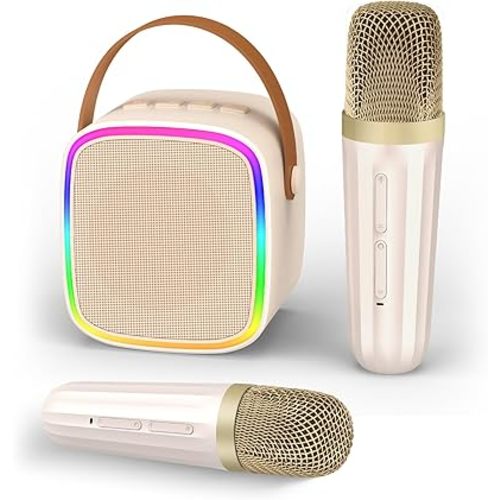 Mini Karaoke Machine with 2 Wireless Microphones, Kids Toys Portable Bluetooth Speaker for Kids Adults Toddler, Christmas Girls Toys for 4 5 6 7 8 9 10 12 Year Old Birthday Gift Ideas(Beige)